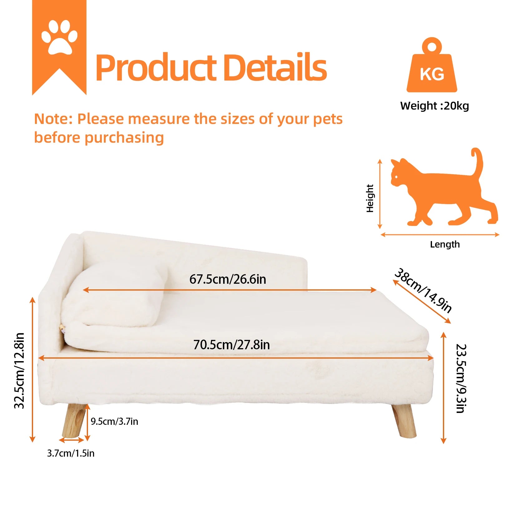 Elevated Nordic Pet Sofa Bed for Small Dogs & Kittens – Waterproof Plush Liner, Sturdy Wood Legs, Small & Large (27.5×15.7×15.3 in / 70×40×39 cm, 31.4×19.6×15.3 in / 80×50×39 cm)