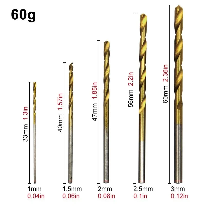 100-Piece Twist Drill Bit Set 1–3mm (0.04–0.12 in) Titanium Plated + Natural Finish for Wood & Metal, Handheld & Electric Drills