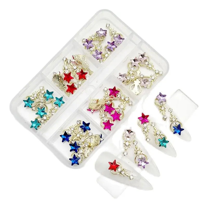 6-Grid Nail Rhinestone Kit – Saturn, Planet & Cross Crystal Nail Charms for Nail Art