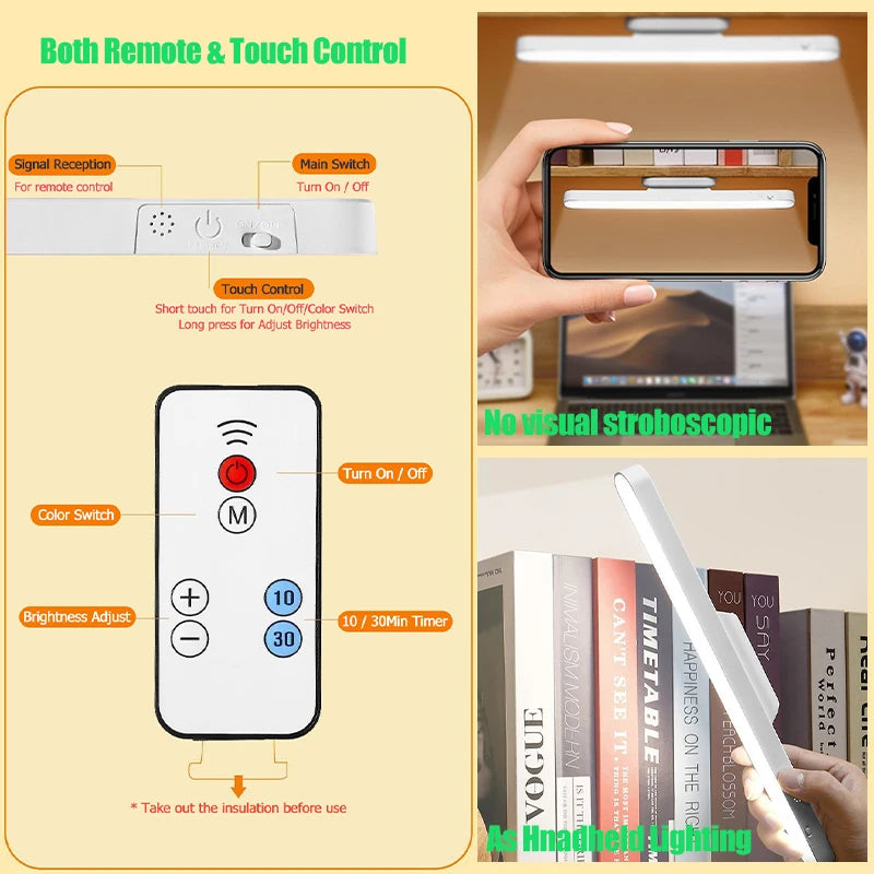 USB Rechargeable Magnetic LED Desk Lamp - 3-Color Dimmable Touch & Remote Night Light for Cabinet Closet Wardrobe