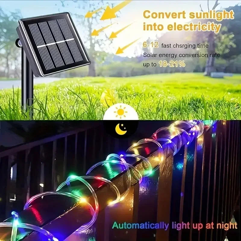 Solar LED String Lights (100/200 LEDs, 10m/20m | 32.8ft/65.6ft) Waterproof IP65 Tube Rope Fairy Lights for Garden Patio Wedding Christmas
