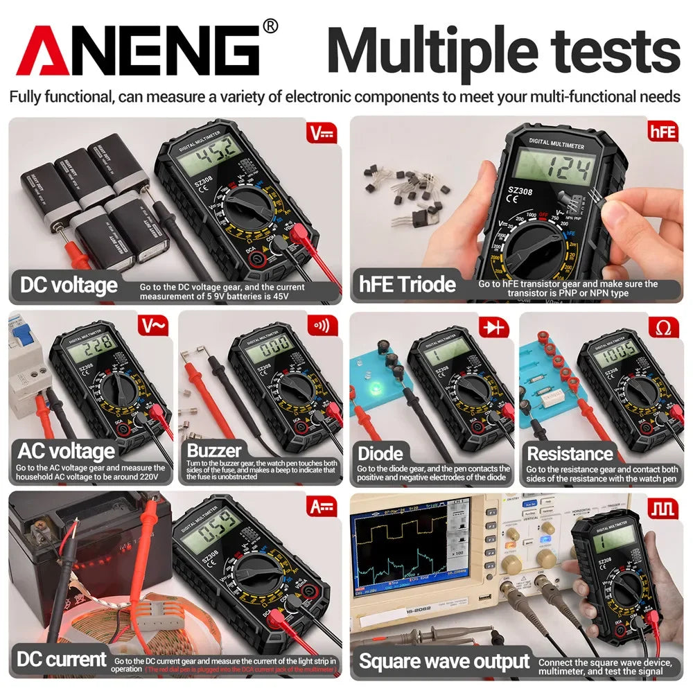 Digital Multimeter with Square Wave Generator - AC/DC Voltage & Current, Resistance, Diode, LCD Backlight