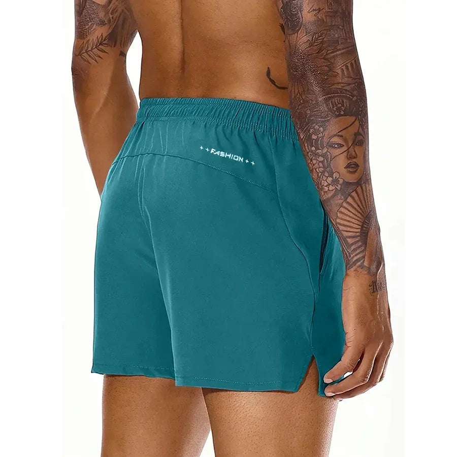Men's Summer Beach Casual Comfortable Elastic-Waist Solid Color Sports Shorts with Double Pockets