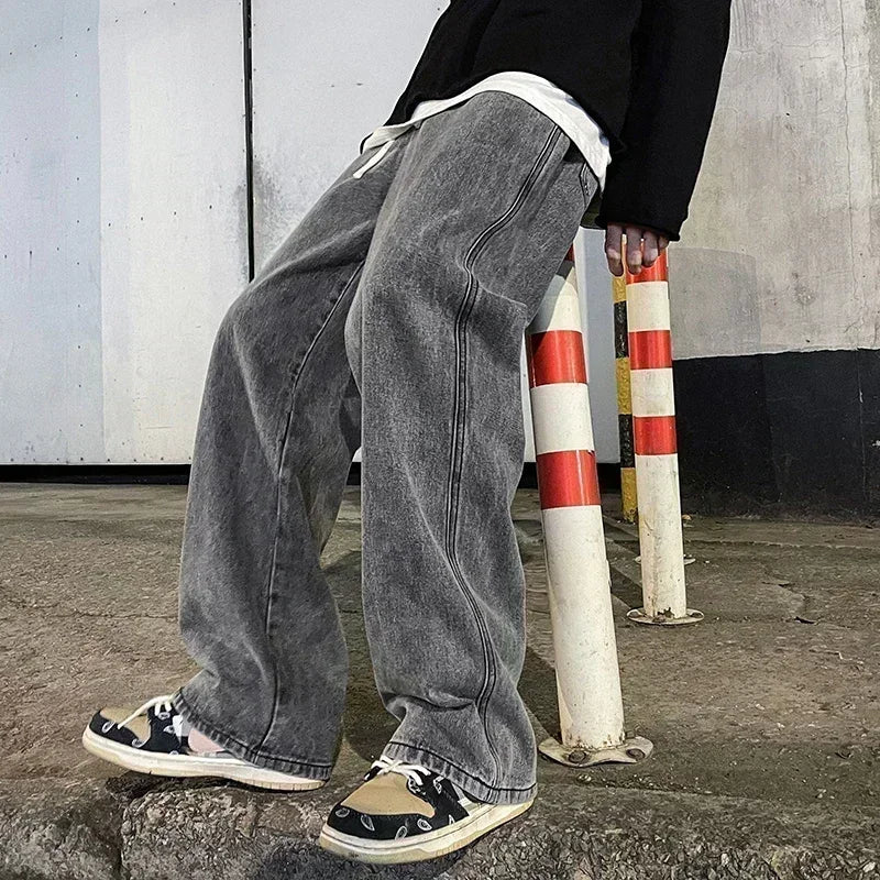 Men's Korean Streetwear Loose Wide-Leg Jeans - Straight Baggy Pants in Black & Light Blue
