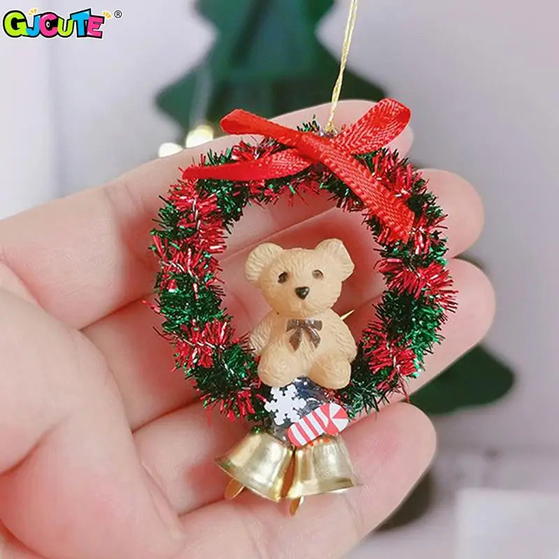 Mini Christmas Wreath for Dollhouse Hanging Garland with Bow & Bell