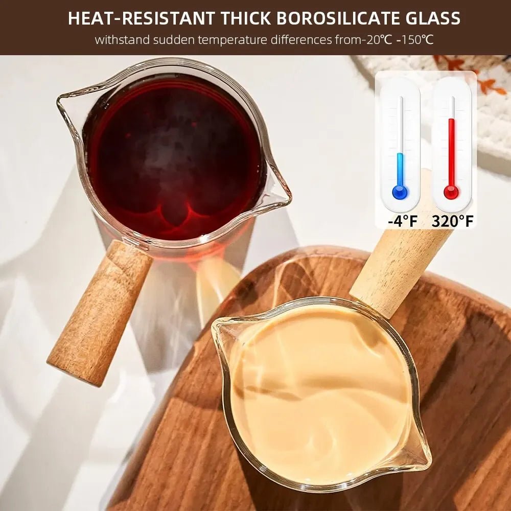Heat-Resistant Glass Measuring Cup with Wood Handle - Clear Espresso & Milk Pouring Pitcher