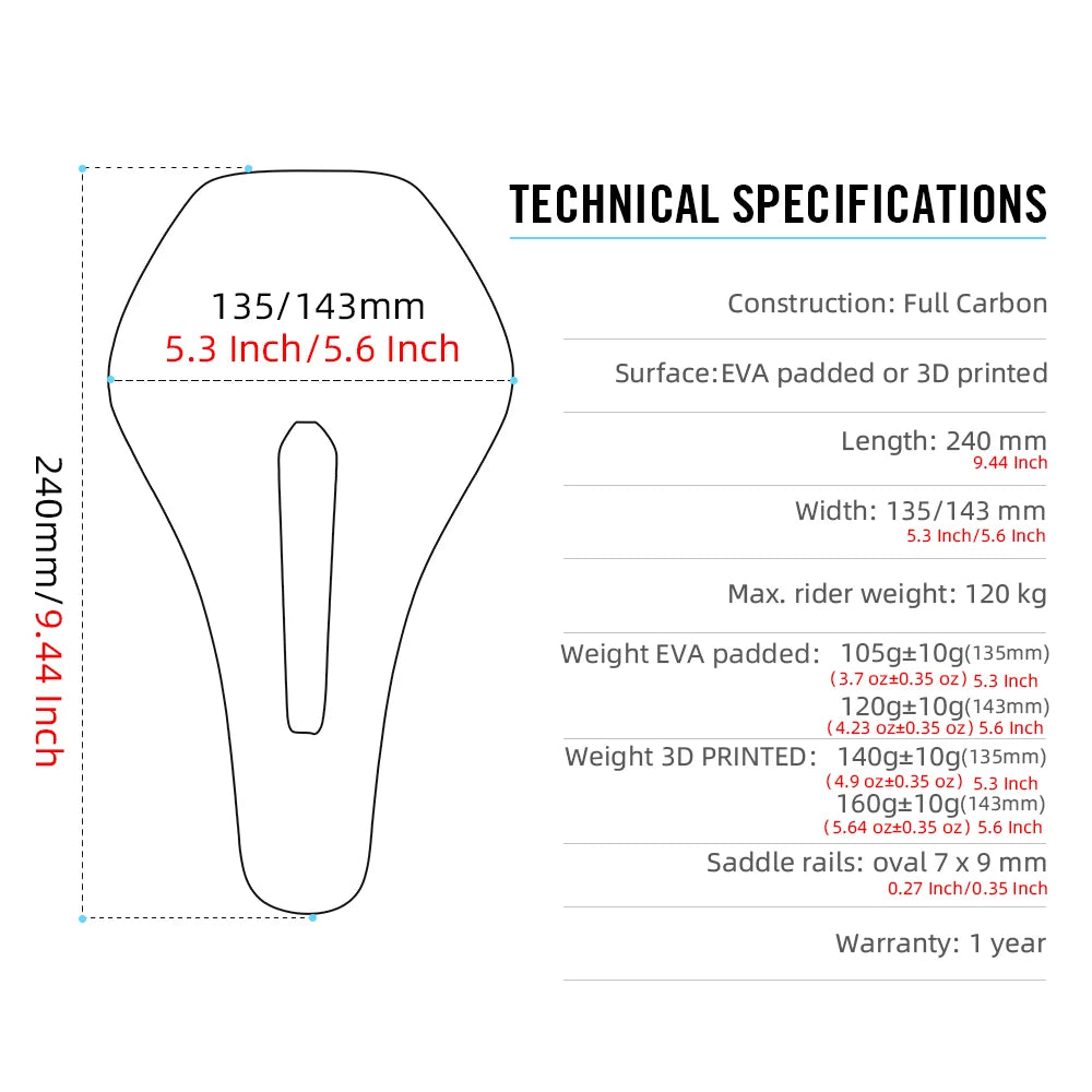 3D Printed Ultralight Carbon Bike Saddle 135/143mm — 105g for MTB, Gravel & Road