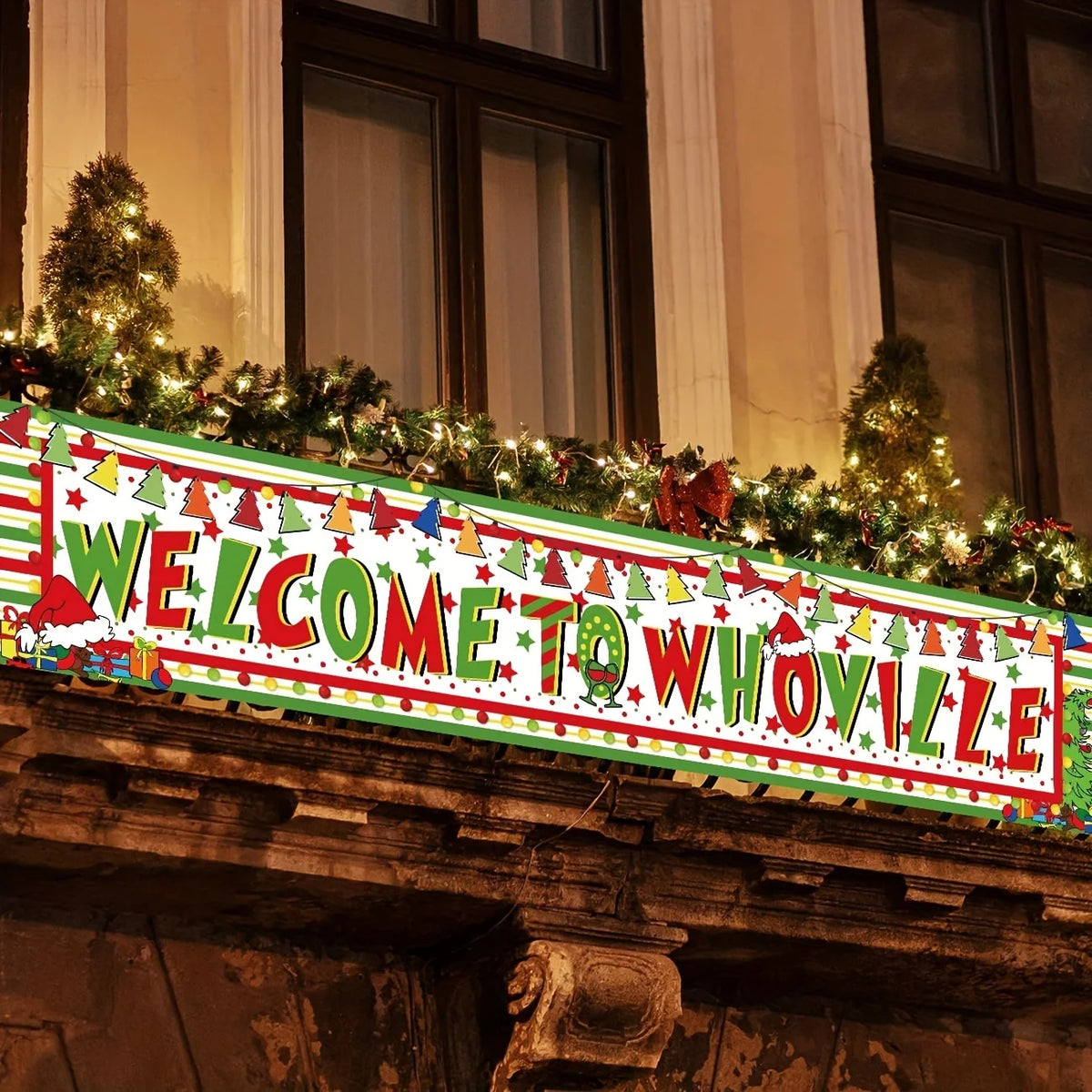 Large Welcome to Whoville Outdoor Christmas Banner - Grinch Yard Sign Hanging Decoration