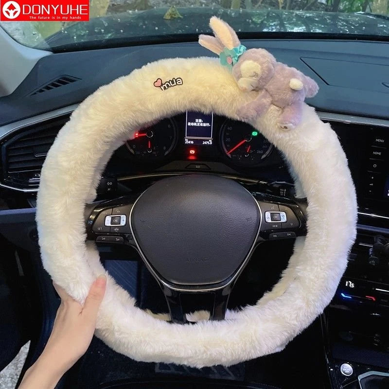 Cute Cartoon Fur Steering Wheel Cover Winter Warm Car Handle Cover for Women