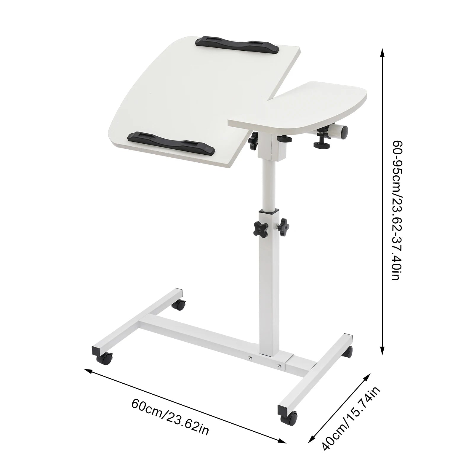 Adjustable White Mobile Laptop Table Stand with Lockable Wheels, Height & 360° Tilt C-Table for Bed Sofa Home Office