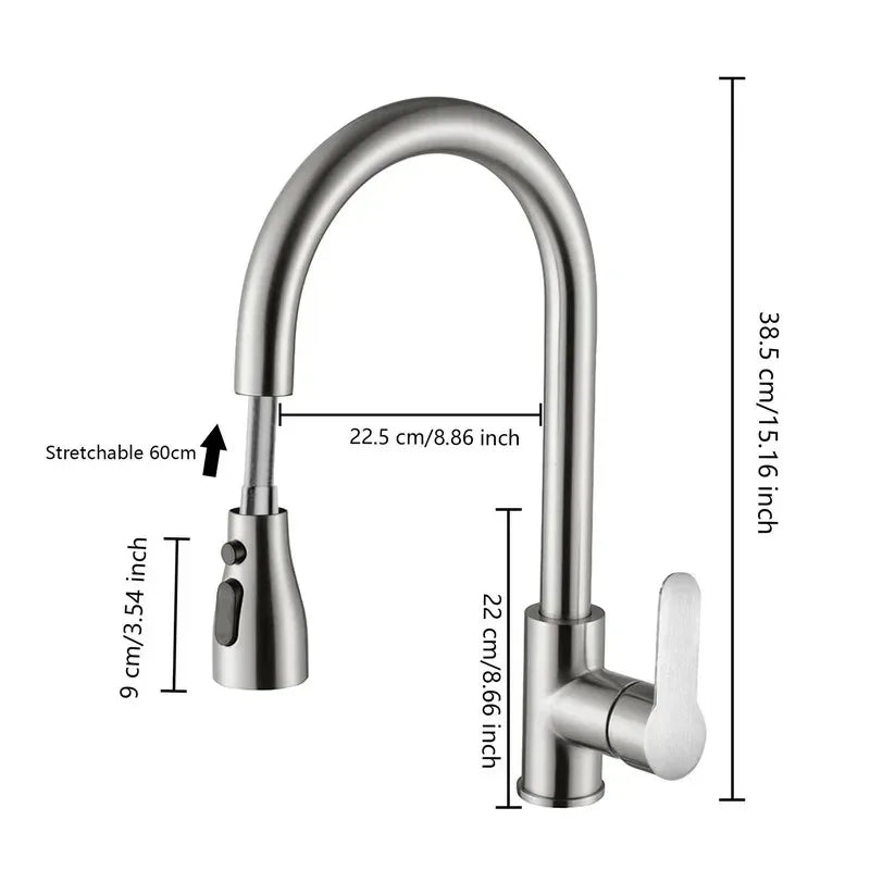 Pull-Out Kitchen Faucet 304 Stainless Steel Deck-Mounted Mixer Tap, Single-Handle Hot & Cold with Brushed Pull-Down Spray