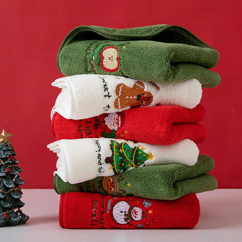 Christmas Coral Fleece Embroidered Hand & Face Towel 35 x 75 cm (13.8 x 29.5 in) Super Plush Absorbent Holiday Gift