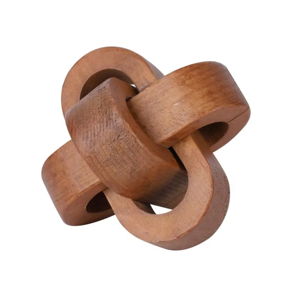 Boho Rustic Hand-Carved Wood Knot Ornament, 3-Link Wooden Chain Decor, 3.7 in (9.5 cm) Links, Tabletop Home Accent
