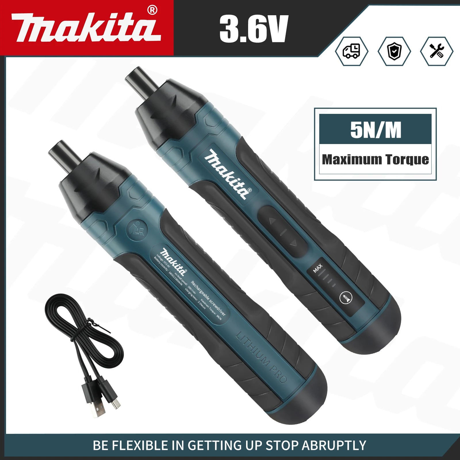 Cordless Electric Screwdriver 3.6V, 5 N·m Torque, 1/4" (6.35 mm) Hex Chuck, 1300mAh Li‑ion Battery