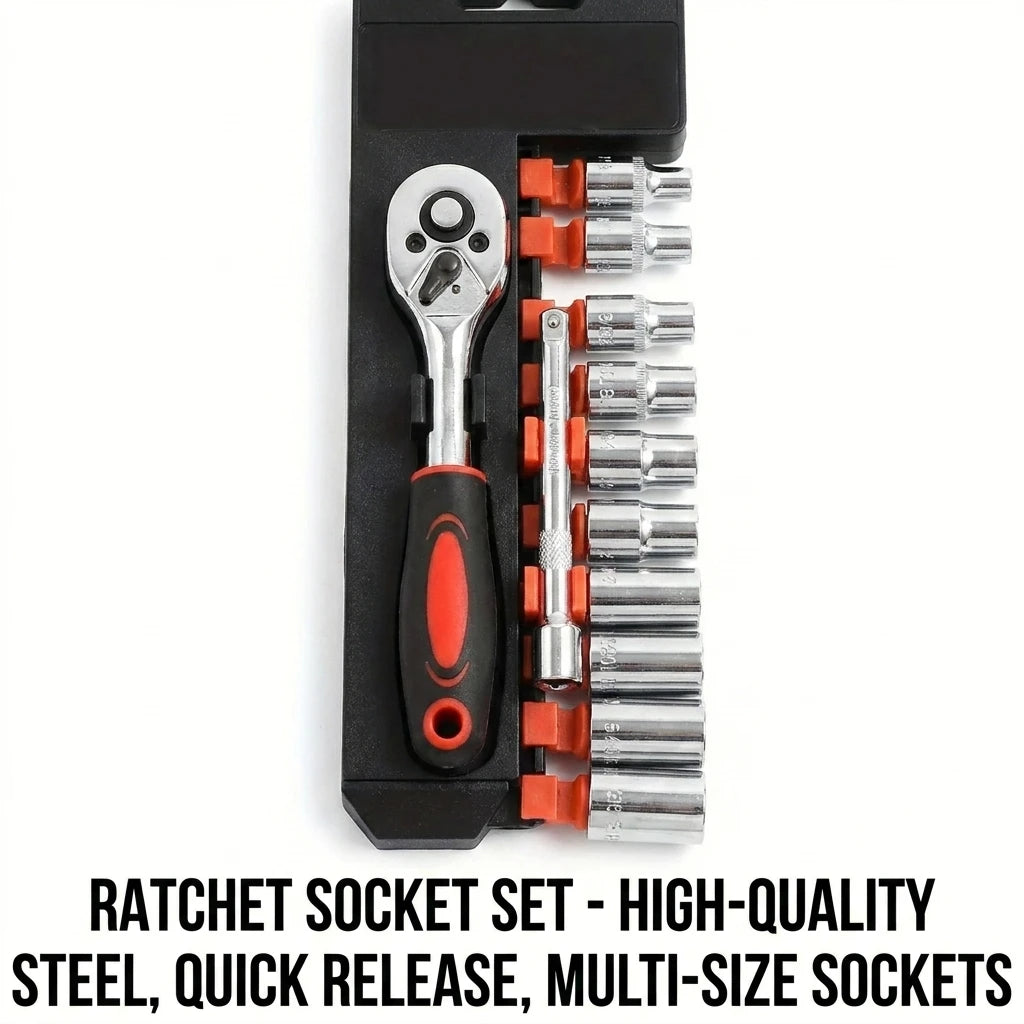 12-Piece 1/4-Inch (6.35mm) Drive Socket Ratchet Set 4mm-13mm Short Sockets with Extension Bar — Hand Tool Kit for Car, Motorcycle & Bicycle Repair