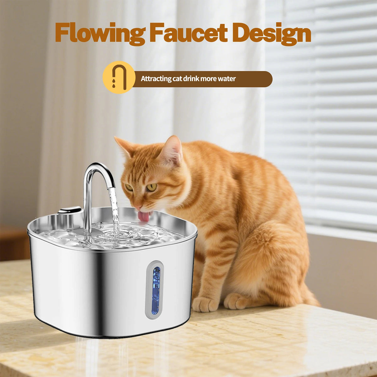 Stainless Steel Pet Water Fountain 2.2L (74.4 fl oz) Ultra-Quiet Pump with Filter, Water-Level Window & LED Light