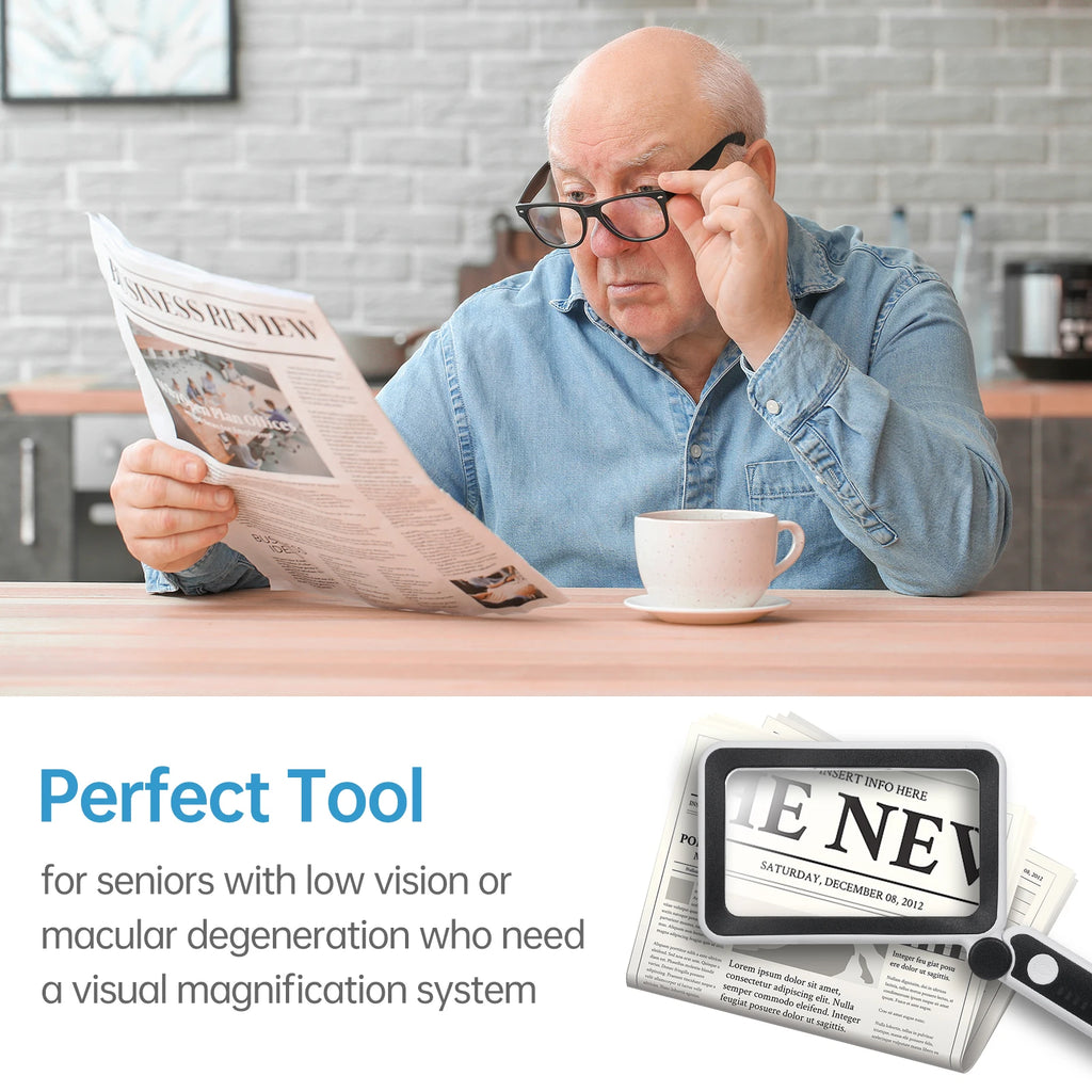 4X Rechargeable LED Handheld Magnifier, Wide Rectangular Reading Loupe with 10 LEDs and USB-C Charging