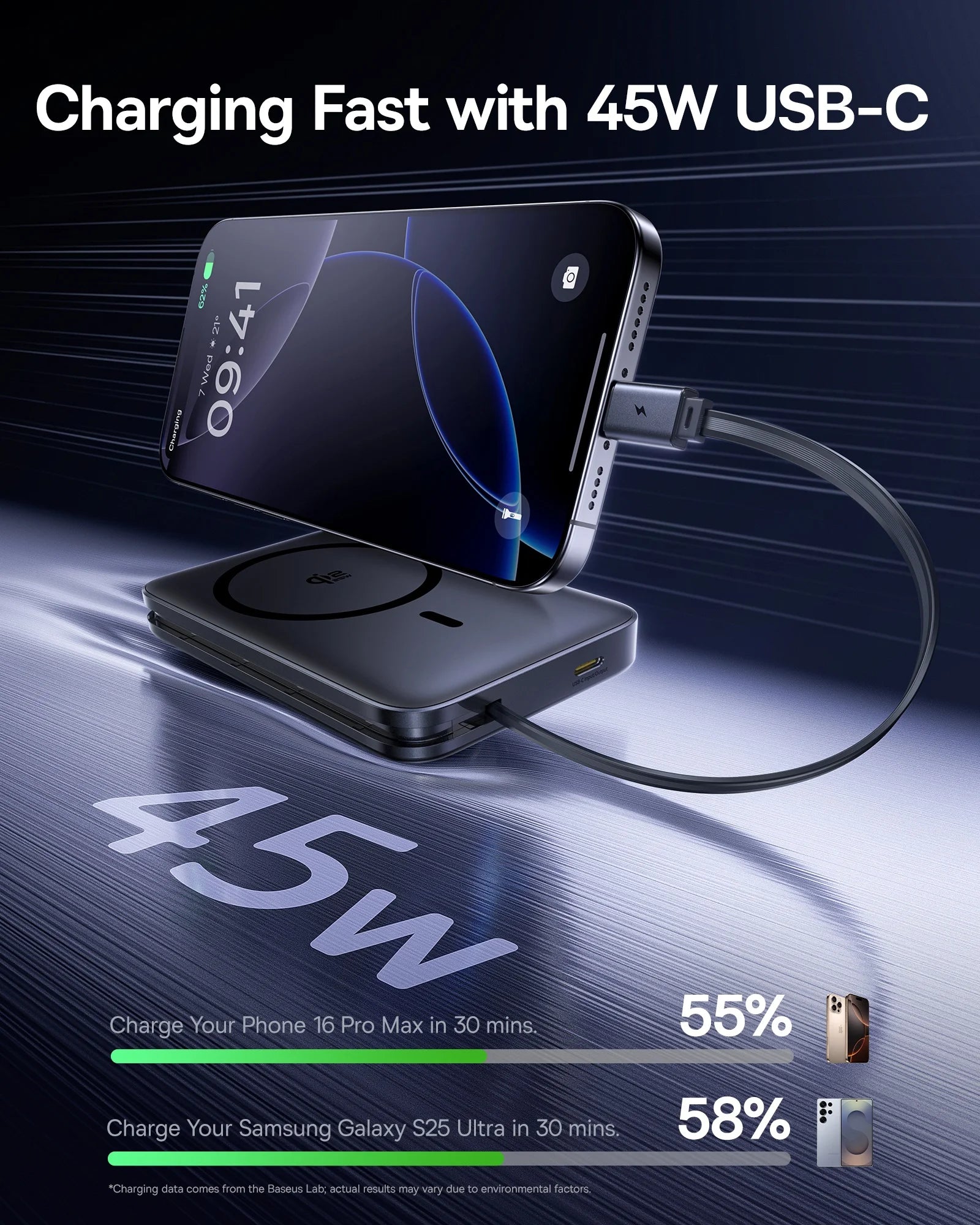 10000mAh 45W Magnetic Wireless Power Bank — 25W Qi2.2 MagSafe-Compatible Portable Charger with Built-In USB-C Cable