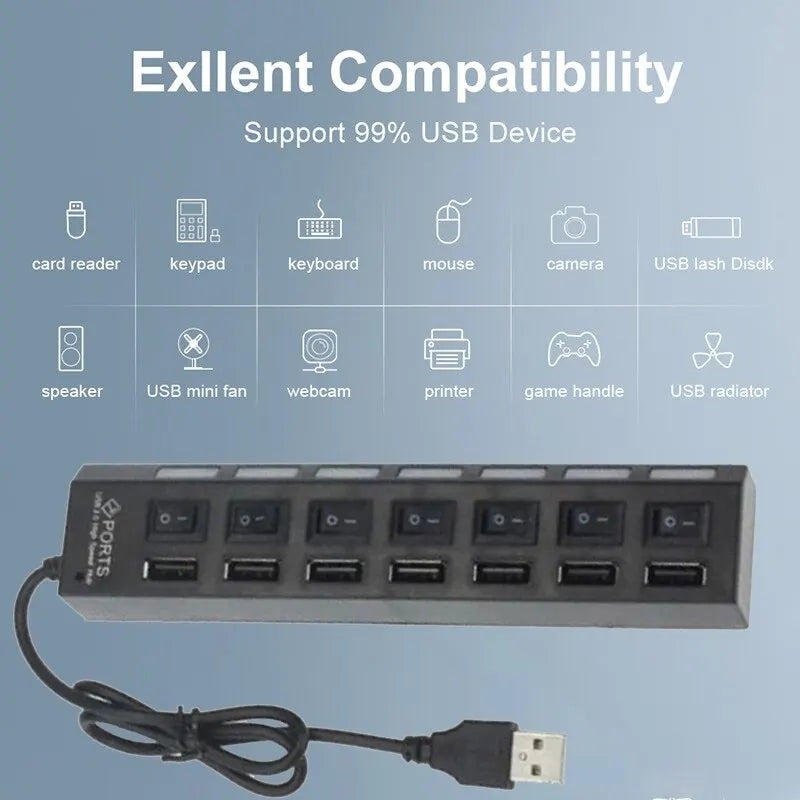 7-Port USB 2.0 Hub with Individual Switches & LED Indicators – USB Extension for PC Laptop Desktop
