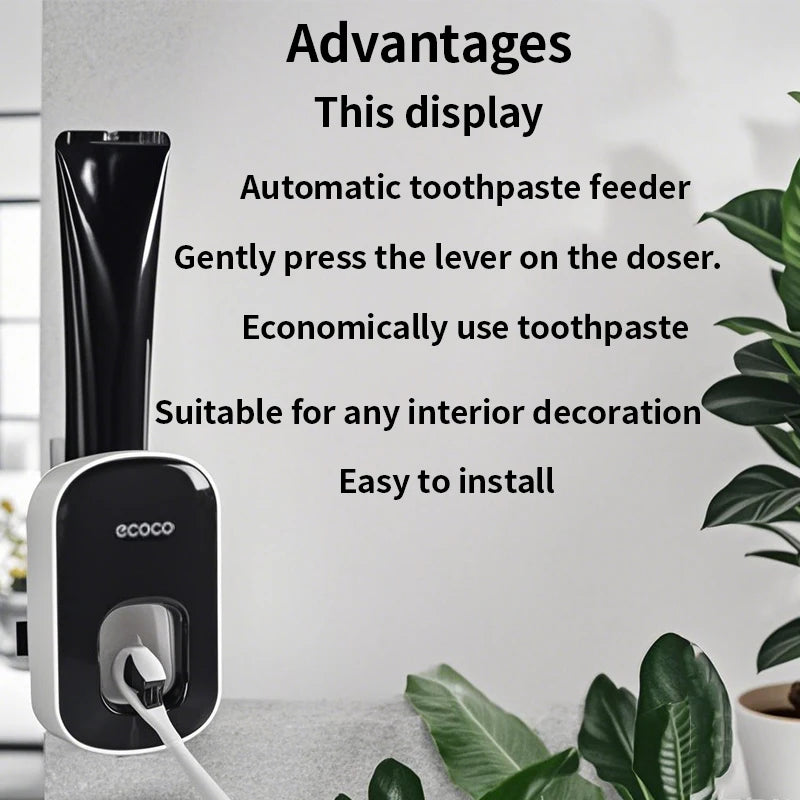 Automatic Wall-Mounted Toothpaste Dispenser with Toothbrush Holder — Suction Adhesive, Black/Gray