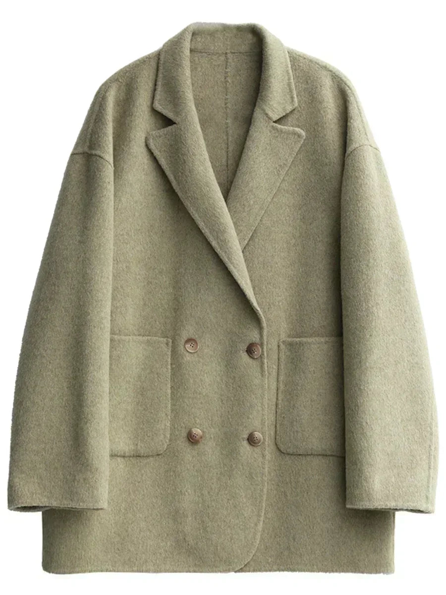 Women's Wool Blend Double-Sided Coat Loose Retro Double-Breasted Office Outerwear for Autumn Winter