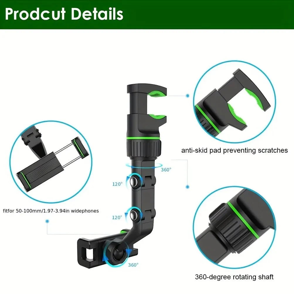 360° Rotating Rearview Mirror Phone Holder Retractable Car Phone Mount for All Vehicles
