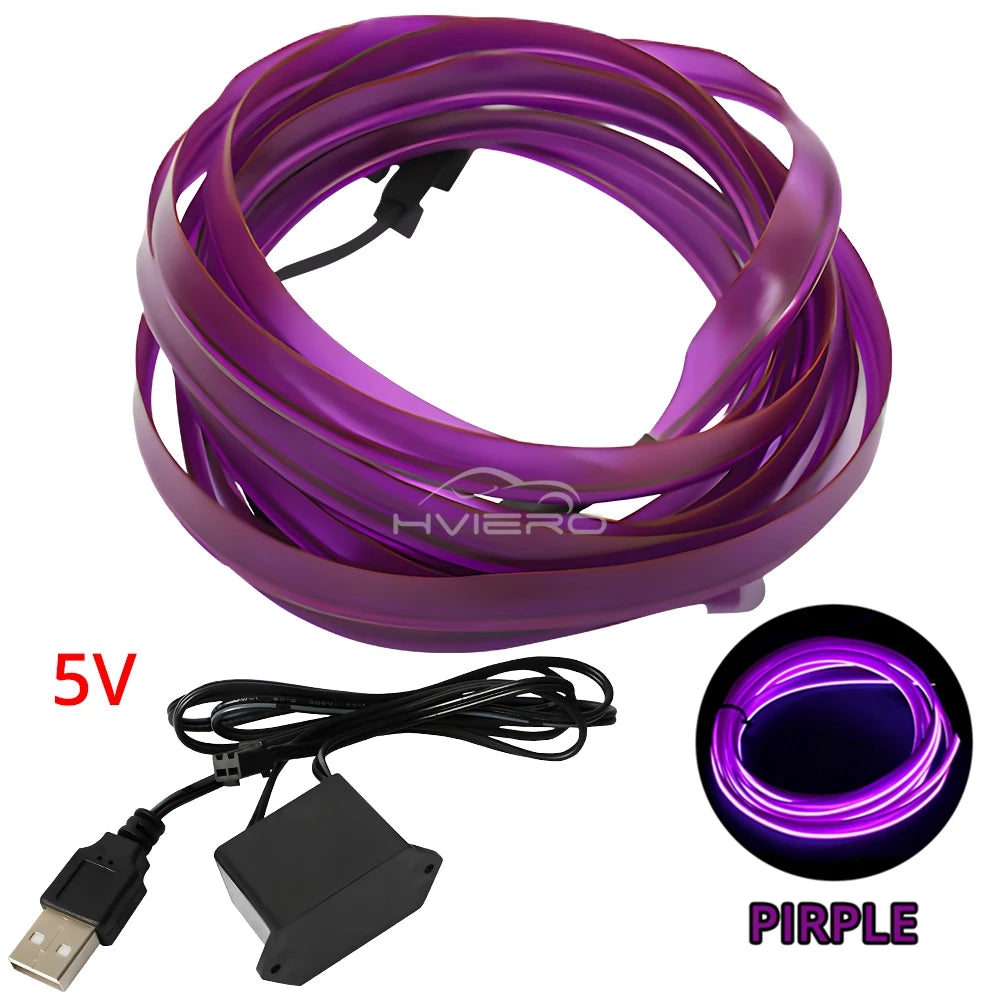 Car Interior LED Strip Light 1/2/3/5M – Flexible Neon Rope USB & 12V Ambient Door Dashboard Lighting