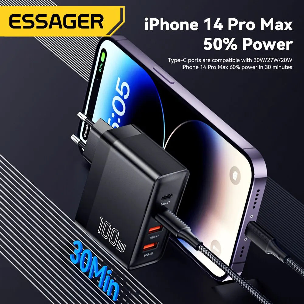 100W GaN 4-Port USB-C PD & QC Fast Charger (2 USB-C, 2 USB-A) — Power Delivery for Laptops, Phones & Tablets