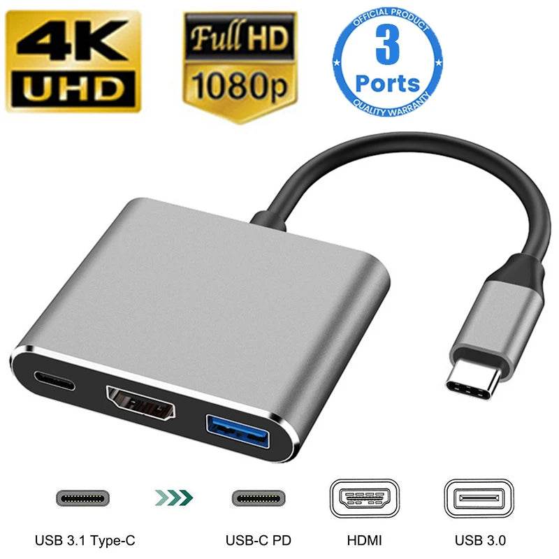 3-in-1 USB-C Hub HDMI & USB 3.0 Type-C Docking Station for Laptops