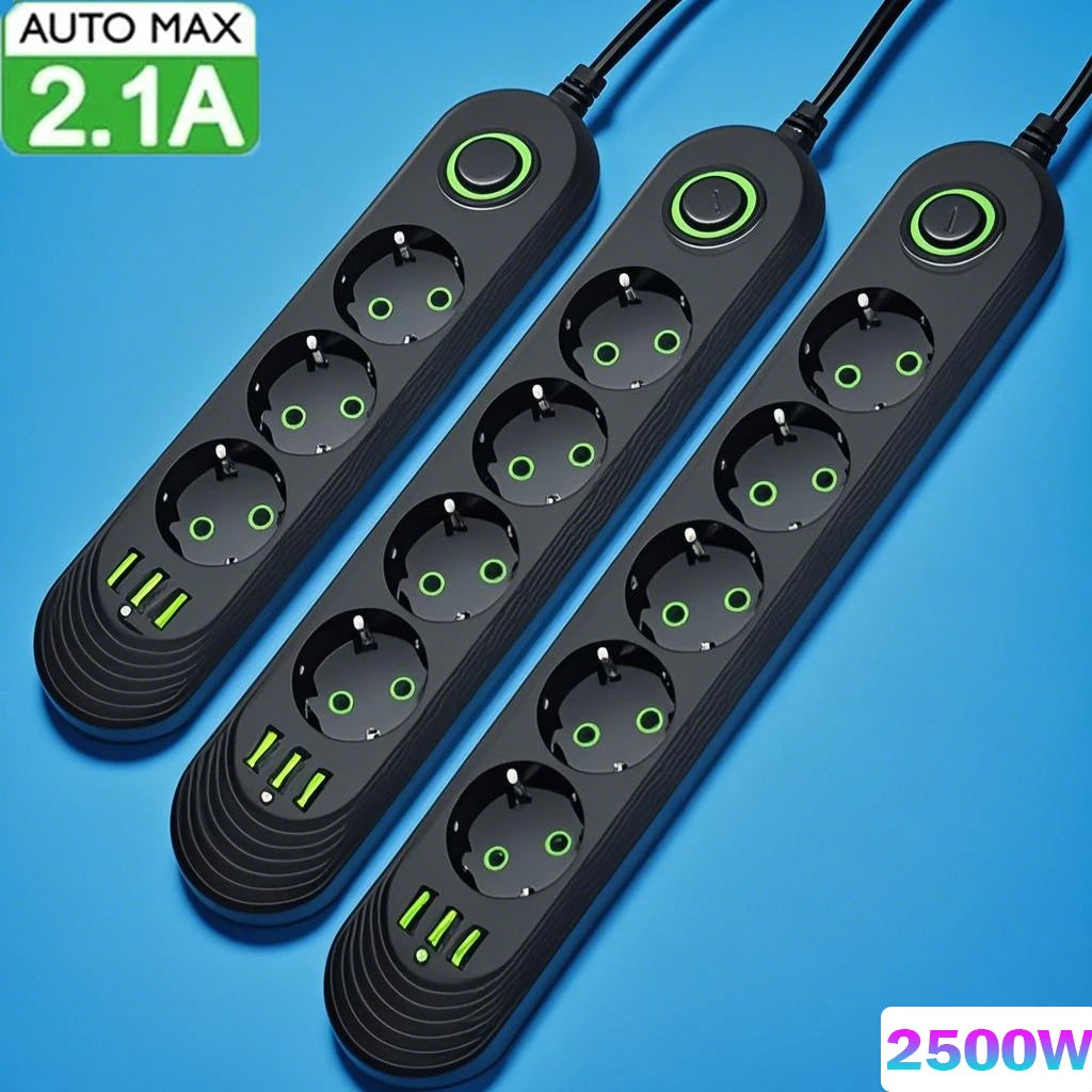 2500W EU Power Strip — 5-Outlet Extension Cord with 3 USB Ports, 2.0m (6.6ft) Cable, Overload Protection