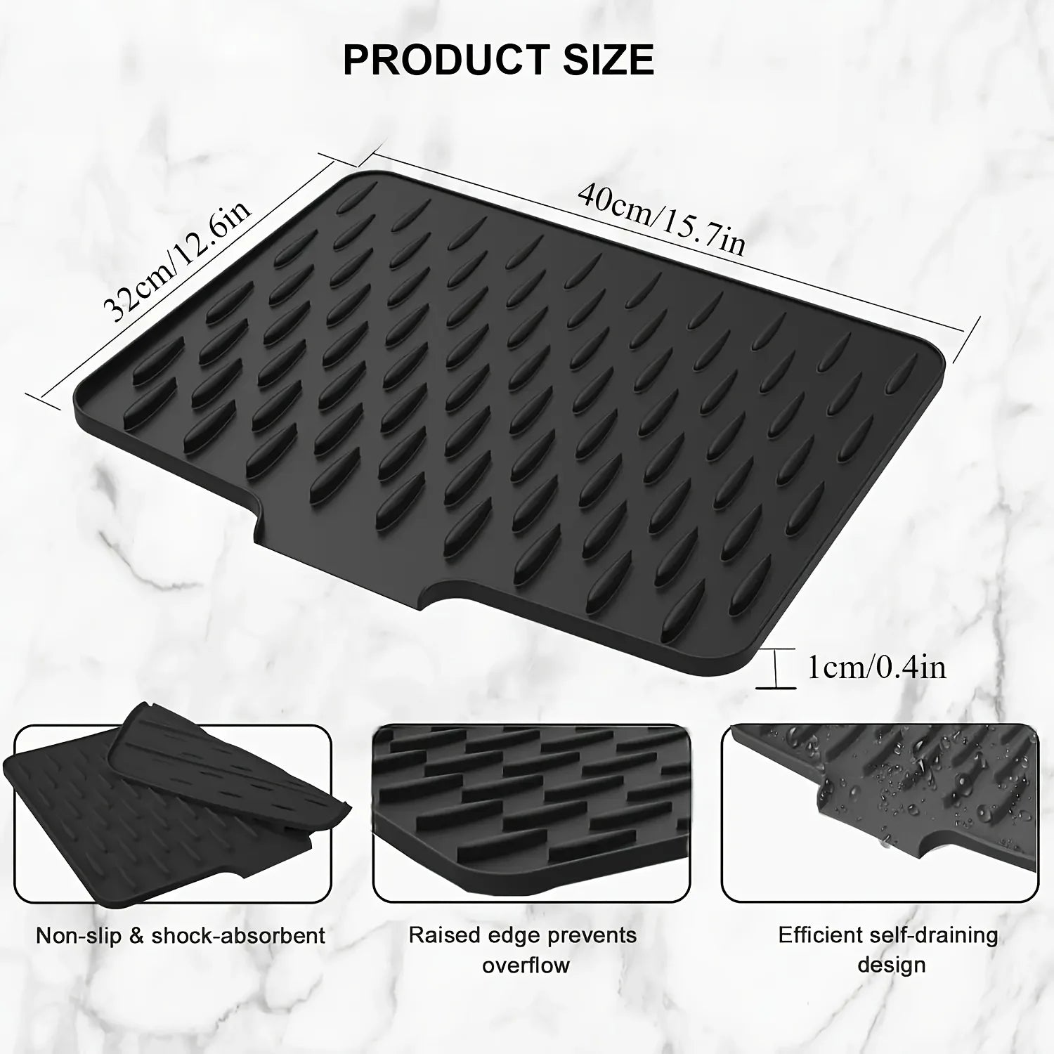 Kitchen Silicone Drain Mat for Countertops, Sinks & Refrigerators, Built-In Drainage, Easy to Clean