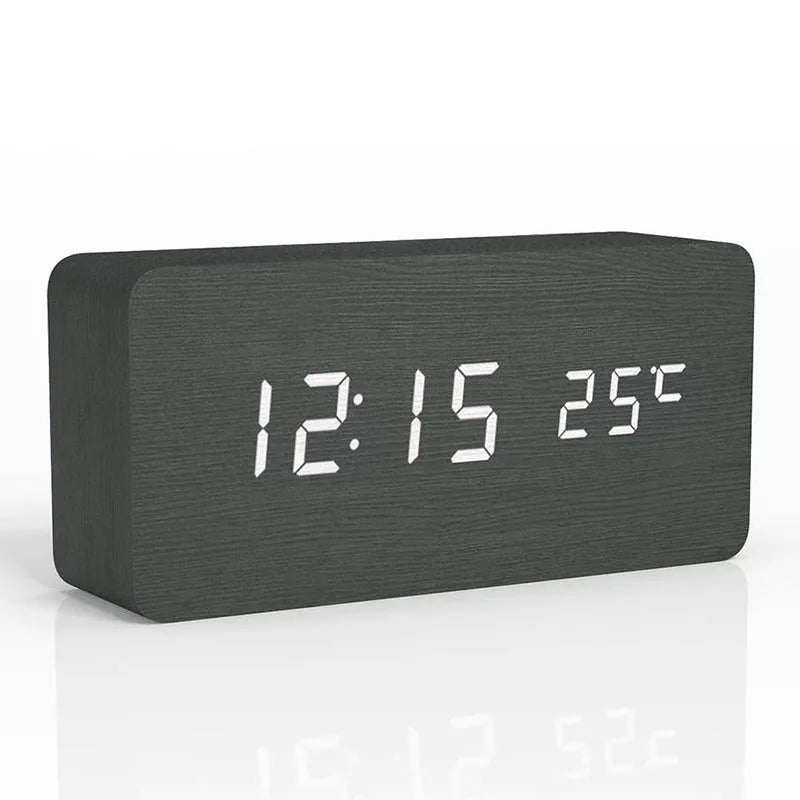 Wooden LED Digital Alarm Clock with Temperature Display — 3 Alarms & Adjustable Brightness, USB Bedside Desk Clock