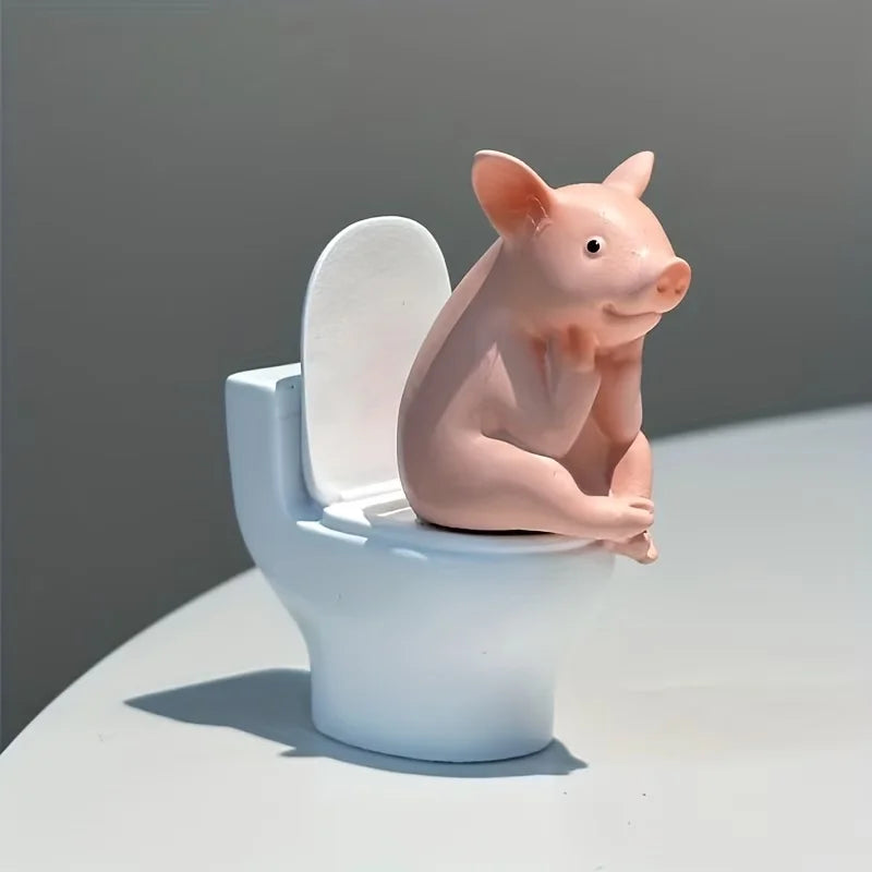 Resin Pig Figurine on Toilet - Quirky Desk, Shelf & Wall Decor for Home Office