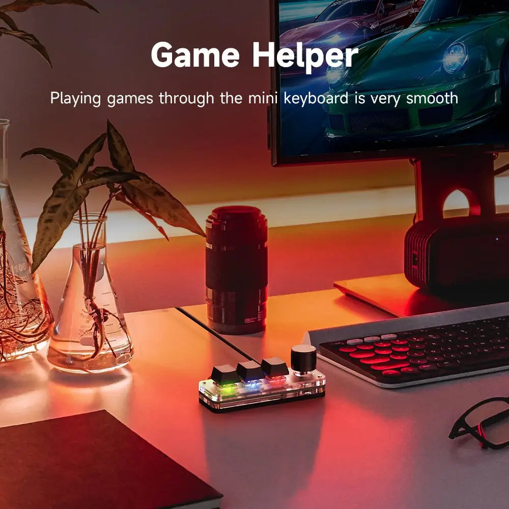 3-Key RGB Macro Pad — Mini Mechanical Keyboard with Programmable Knob, Hot-Swap Red Switches, USB-C, Custom Macros for Gaming & Photoshop