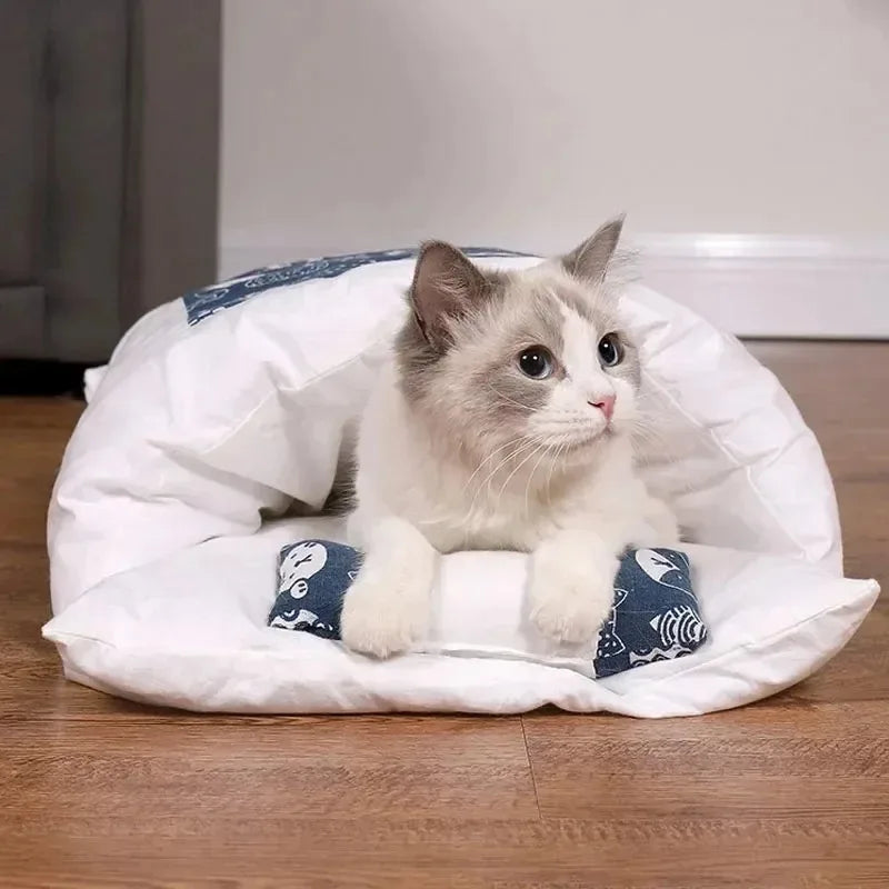 Kawaii Cat Cave Bed with Removable Cover – Plush Pet House for Cats & Small Dogs (S/M/L, 45–65 cm / 17.7–25.6 in)