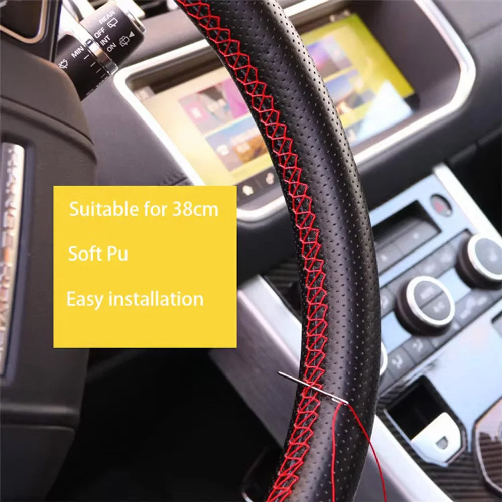 PU Leather Steering Wheel Cover with Needles & Thread - Anti-Slip Breathable DIY Stitch Kit, Fits 36–38 cm (14.2–15 in) | Multiple Colors