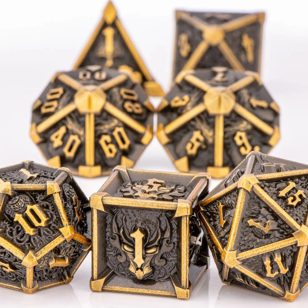 Skull and Dragon Metal Dice Set - 7-Piece Polyhedral DnD Dice for Dungeons & Dragons Tabletop RPG