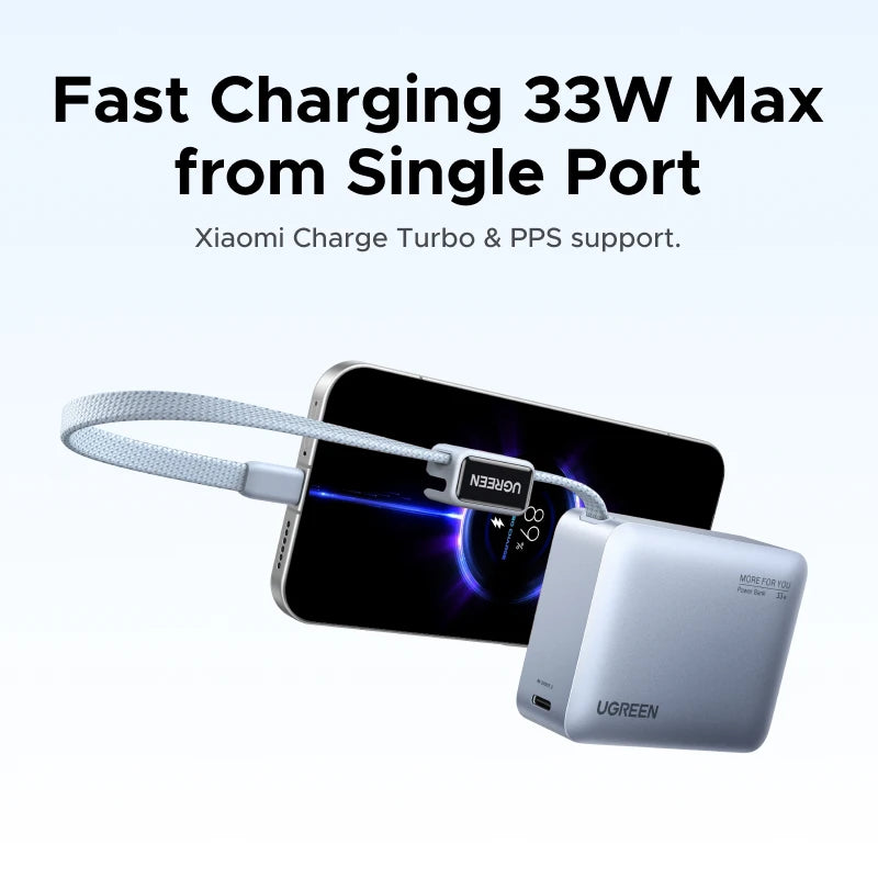 Mini 33W 10000mAh Power Bank with Built-in USB-C Cable — PD 30W Fast Charge Portable External Battery (Flight-Friendly, LED Display)