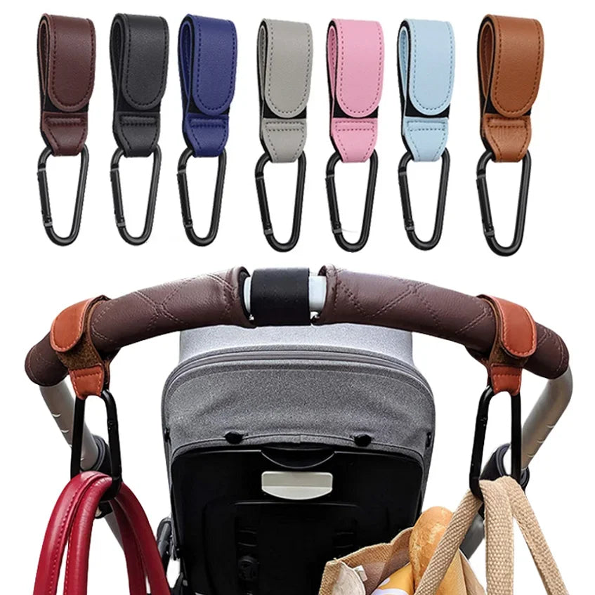 2-Pack PU Leather Stroller Hooks Adjustable Pram Bag Hangers - Diaper Bag Organizer for Stroller, Cart and Wheelchair