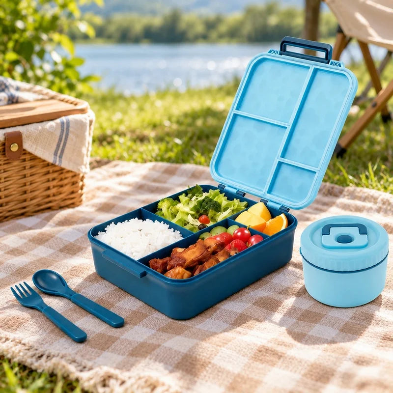 1700ml (1.7L) Leakproof Bento Box with 300ml Soup Jar – Microwave-Safe Lunch Container for Office & School