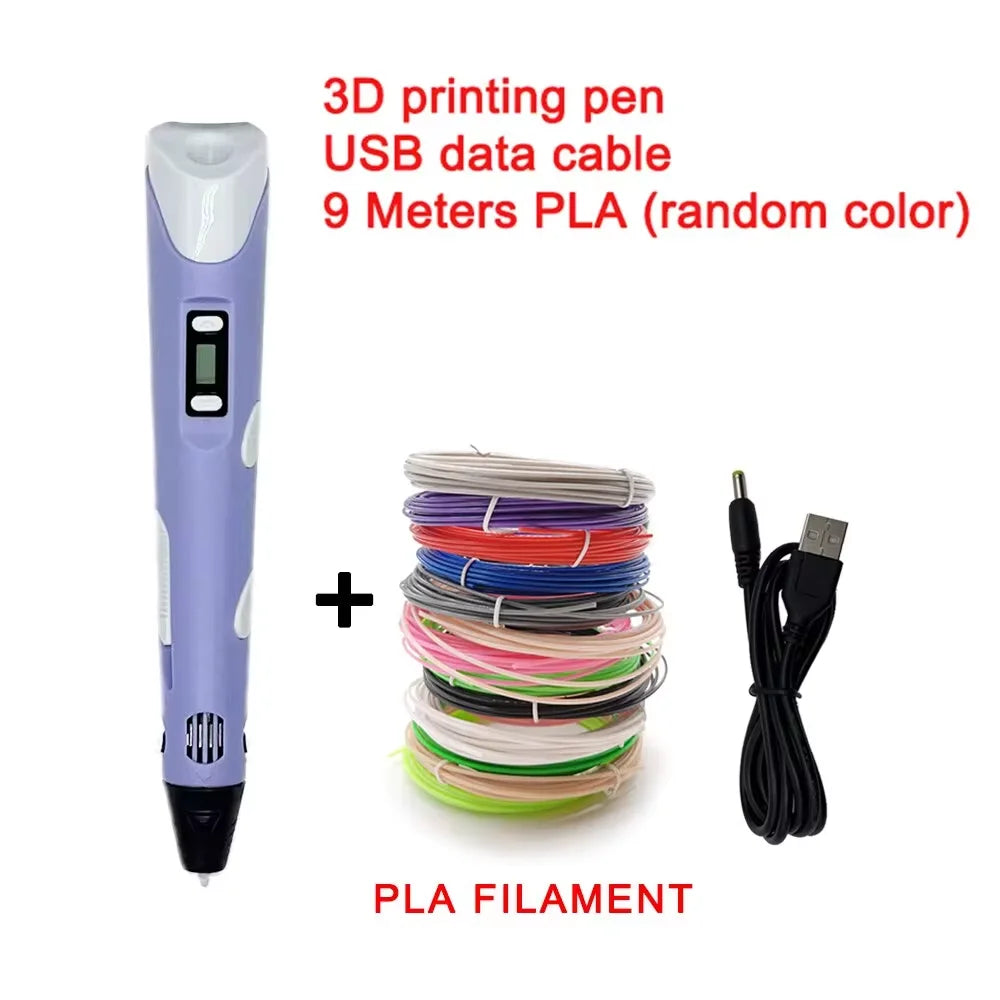 USB Rechargeable 3D Printing Pen with 9M PLA Filament (1.75mm) — Adjustable Speed, 180–220°C Heat, DIY 3D Pen for Kids & Adults
