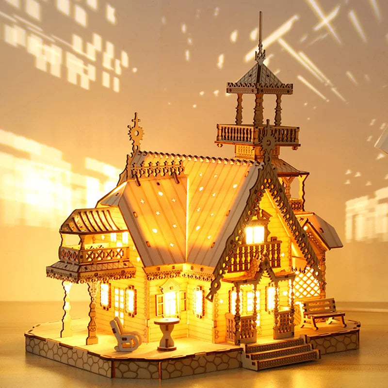 3D Wooden Villa Castle Puzzle Kit with LED Light - DIY House Model & Desktop Decoration Gift for Teens & Adults