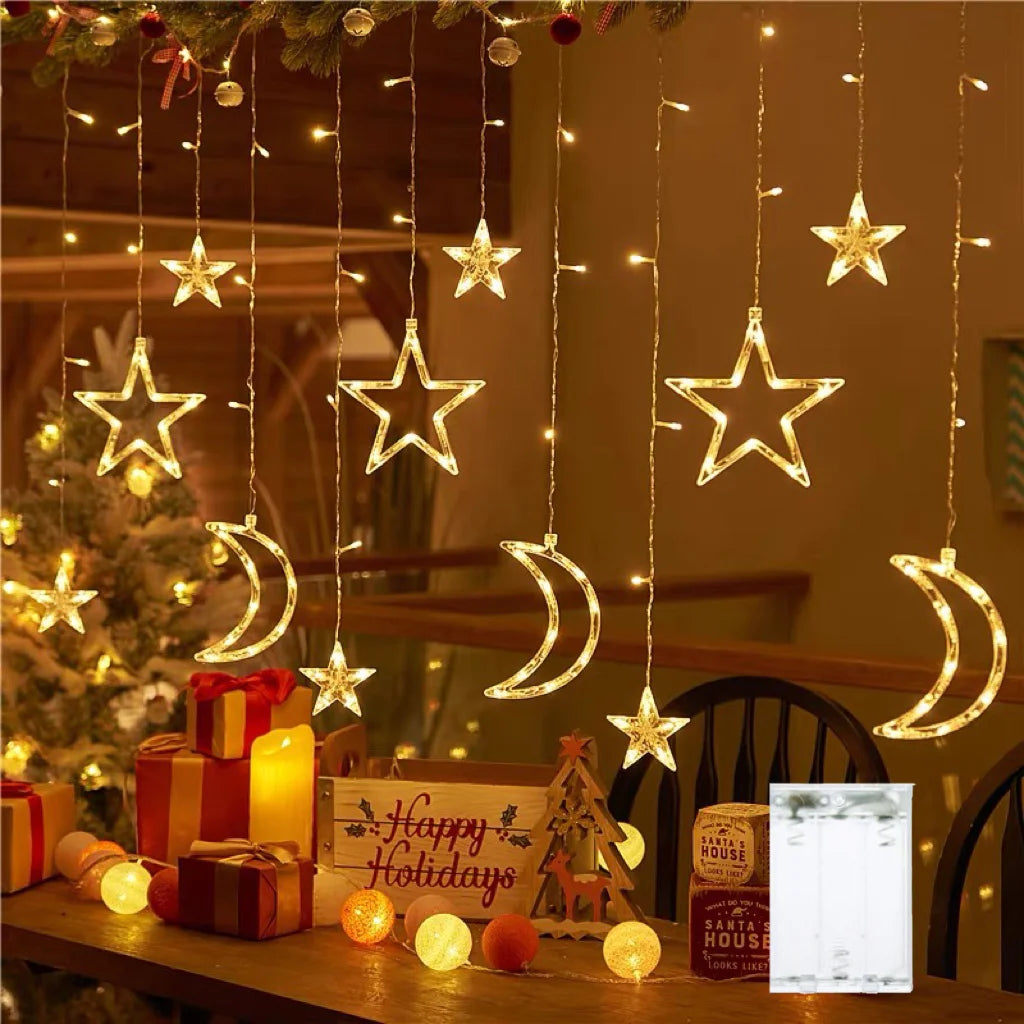 3.5m (11.5 ft) Star & Moon Curtain String Lights Battery-Powered LED Garland for Christmas Ramadan Bedroom New Year Decor