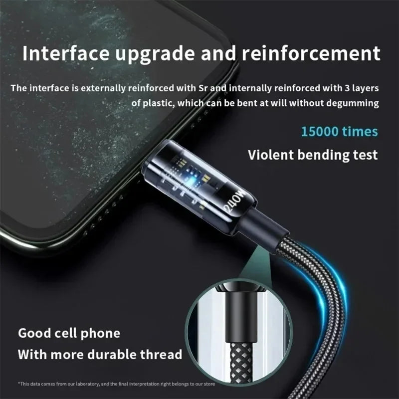 240W USB-C PD Fast Charging Cable with LED Power Display — Nylon Braided USB to USB-C, 0.25/1/1.5/2 m (0.82/3.28/4.92/6.56 ft), Up to 6A Quick Charge