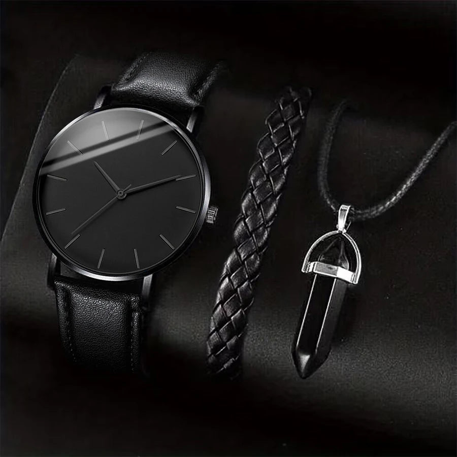 3-Piece Men's Business Casual Quartz Watch Set with Leather Strap, Necklace & Bracelet — 41mm (1.61 in) Case