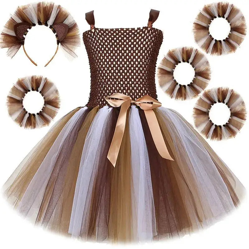 Lion Tutu Dress for Girls (1-12 Years) – Jungle Animal Ballet Costume with Wrist & Ankle Cuffs for Halloween, Christmas, Party