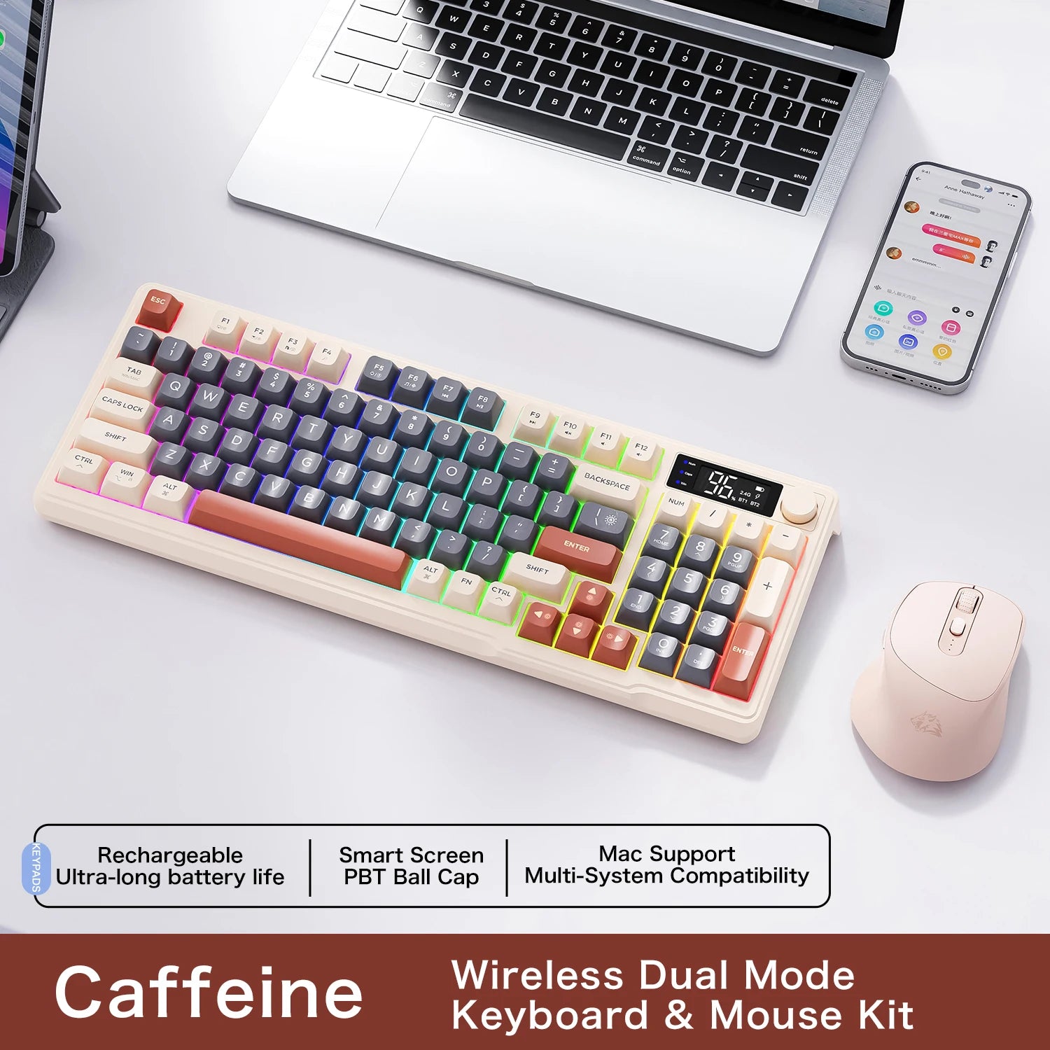 96-Key Bluetooth & 2.4G Wireless Gaming Keyboard with Smart Screen, RGB Backlight, Ergonomic PBT Keycaps — Multi-Device for PC Laptop Tablet