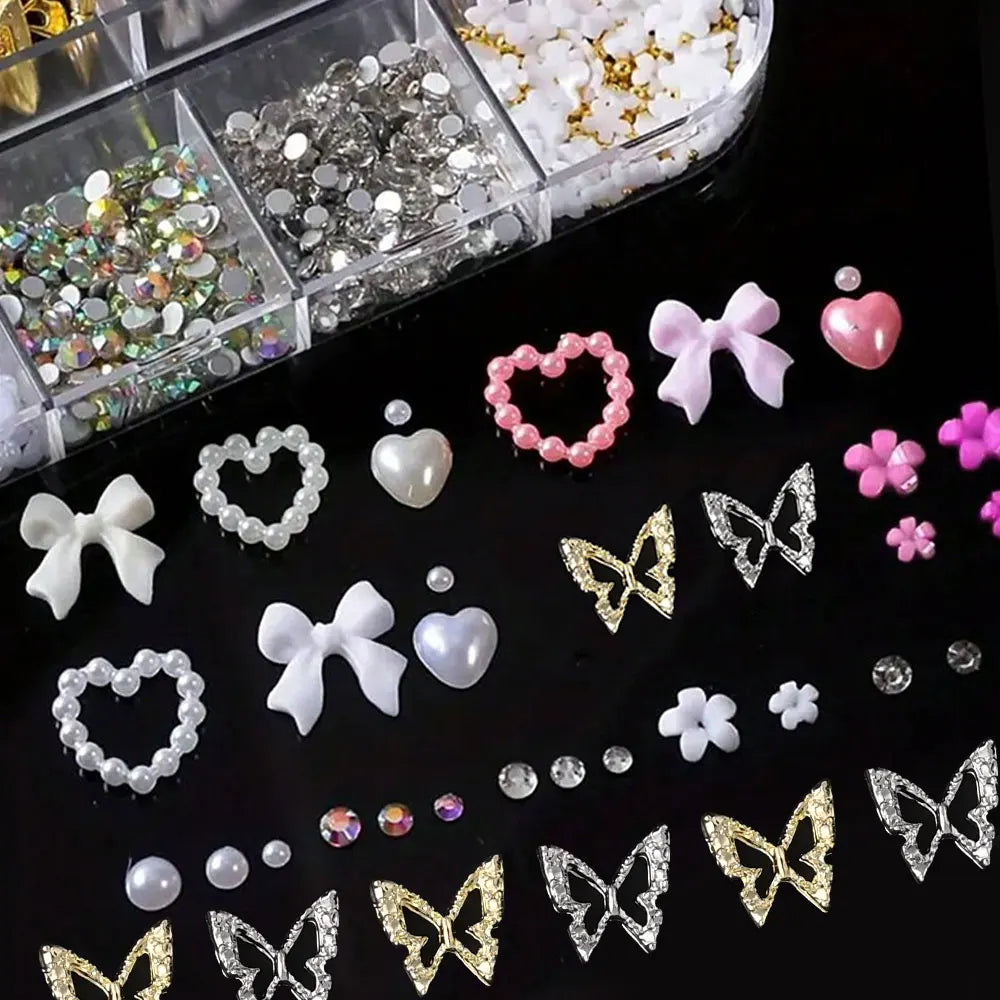 12-Grid Pink & White Nail Art Charms Set – Bows, Pearls, Rhinestones & Butterflies for DIY Manicure