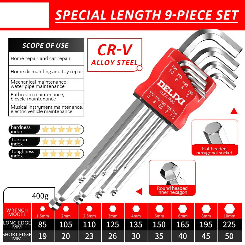 Long Metric Allen Key Set with Sleeve Universal Torque Hex Wrenches & Screwdriver for Motorcycles and Bicycles