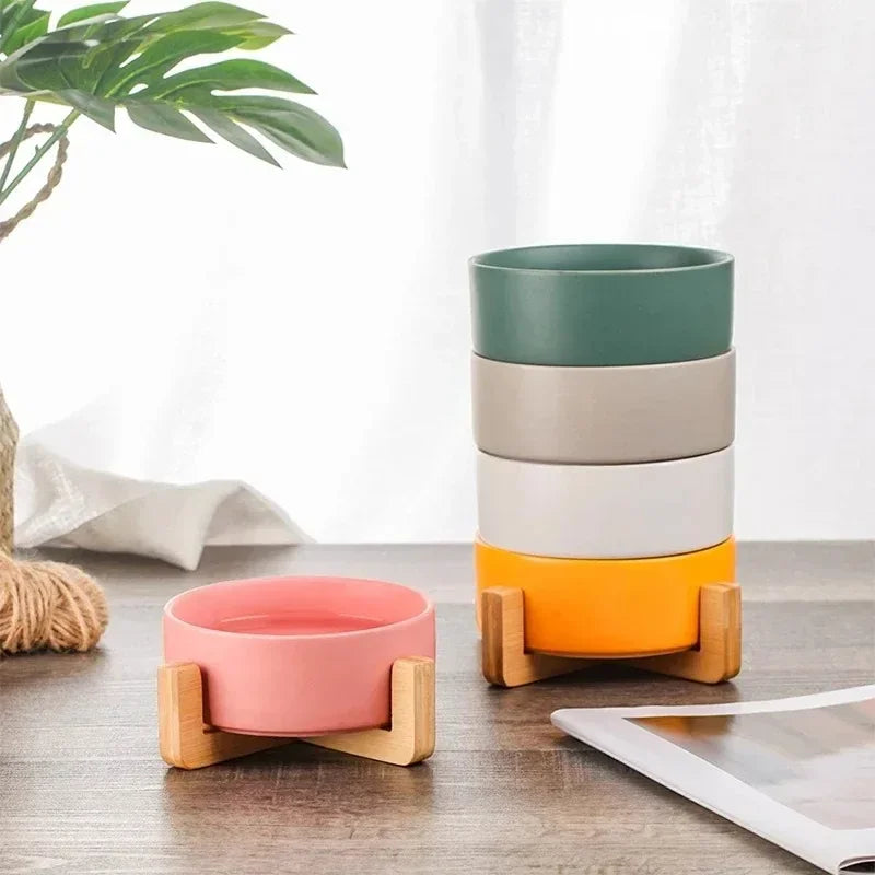Elevated Ceramic Pet Bowl with Bamboo Wood Stand – 300ml (11cm/4.3 in) & 400ml (13cm/5.1 in) Dog & Cat Feeding Bowl